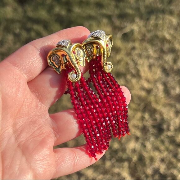 Gold Elephant Head Earrings with Red Bead Tassels - Picture 15 of 15